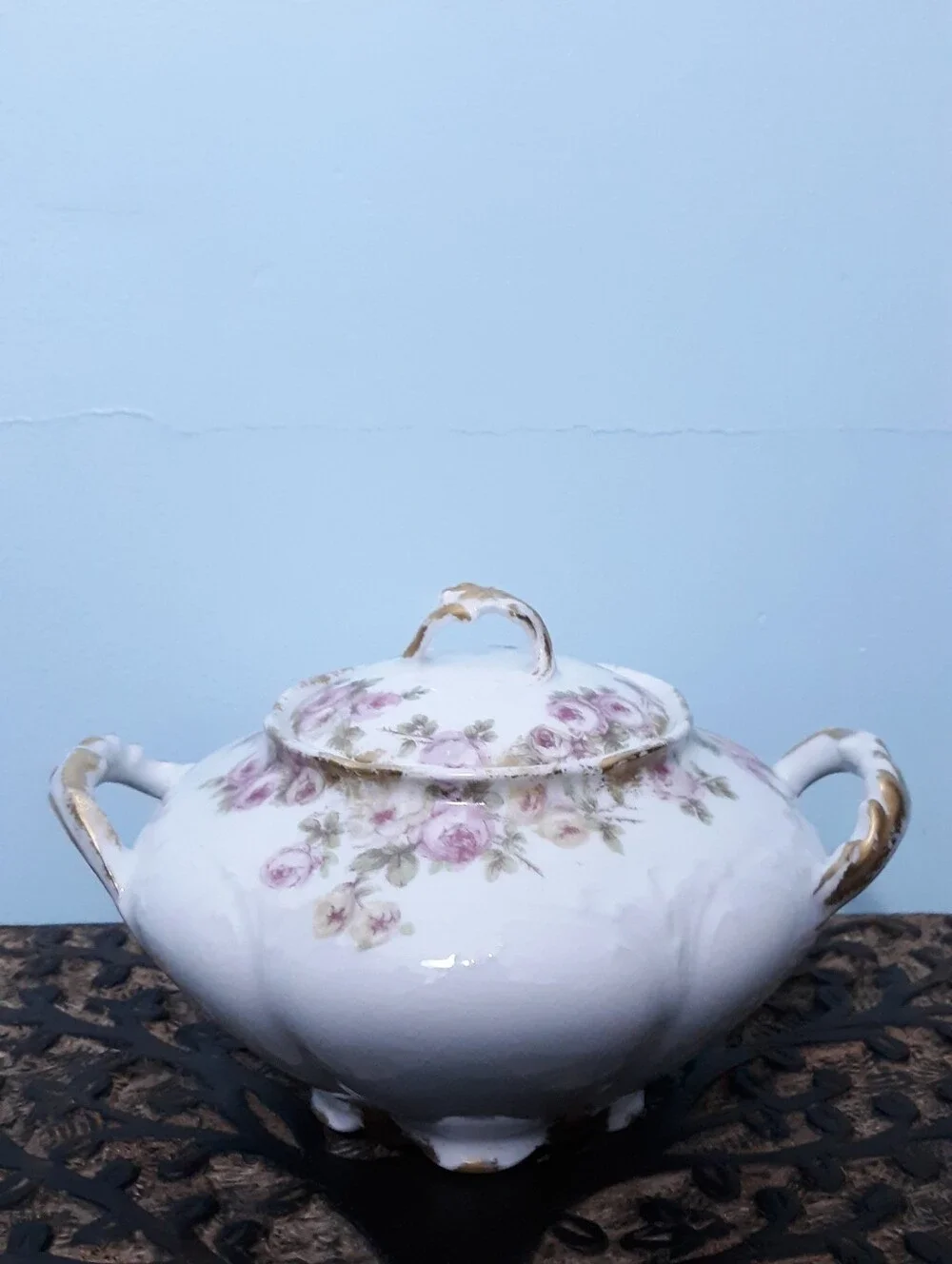 Ca 1900 GDA Charles Field Limoges Sugar Bowl Rose Spray Pink White Gold Floral